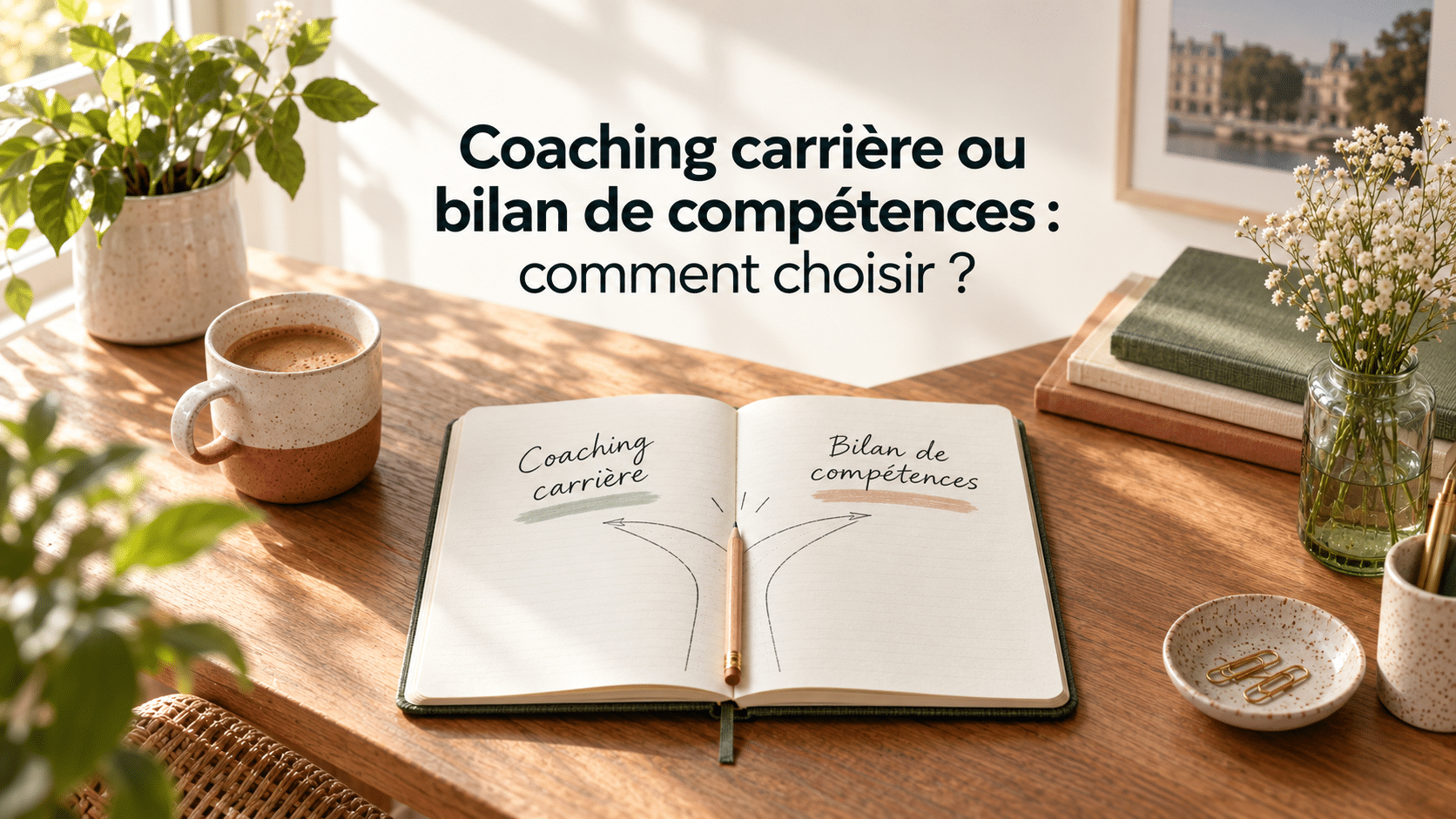 coaching carriere ou bilan de competences Carnet ouvert comparant le coaching carrière et le bilan de compétences pour choisir son accompagnement professionnel.